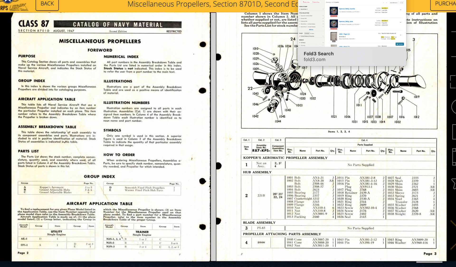 Aeromatic propeller group index and aircraft application tables